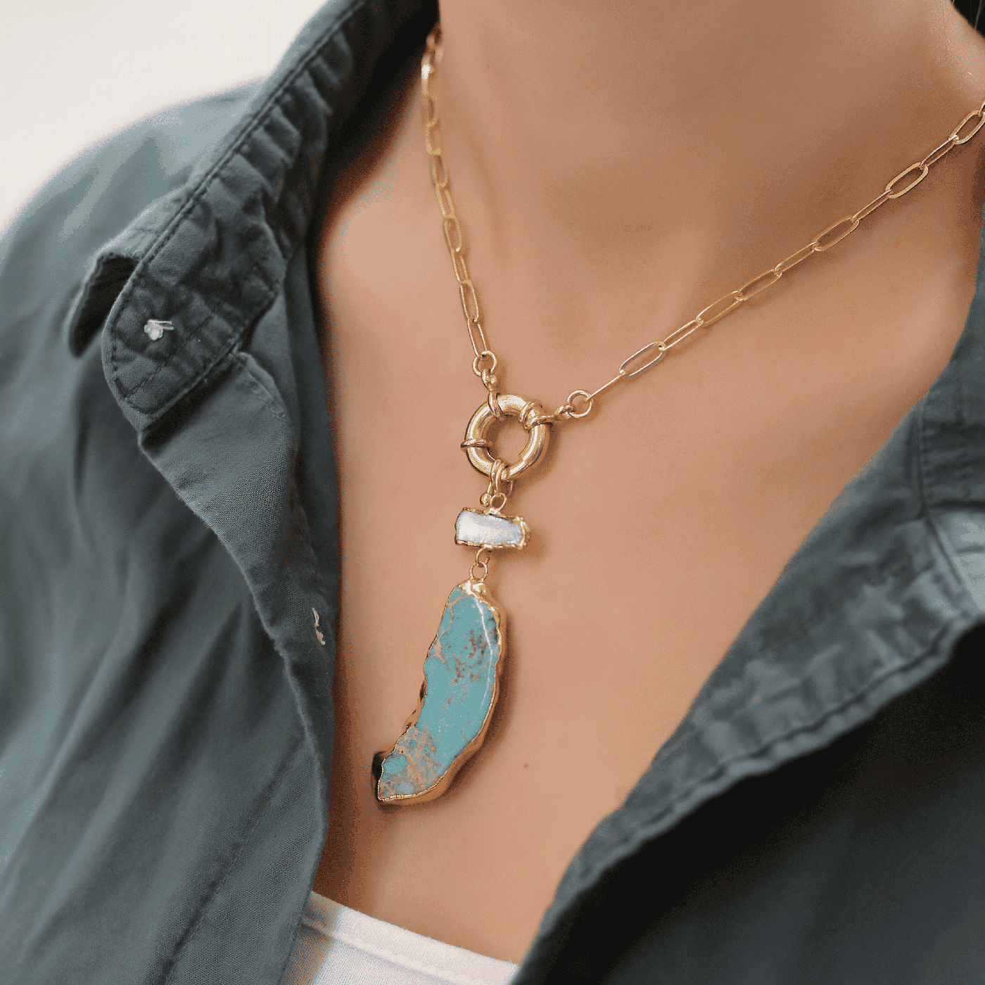 Collier – Bronze, Perle De Culture Et Turquoise